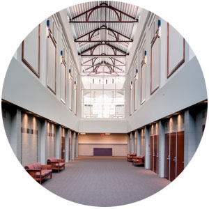 Well-lit academic hallway